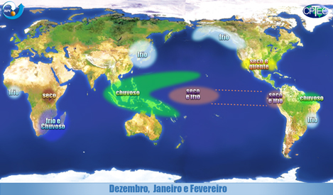 Efeitos globais do fenômeno climático La Niña. Fonte: CPTEC/INPE